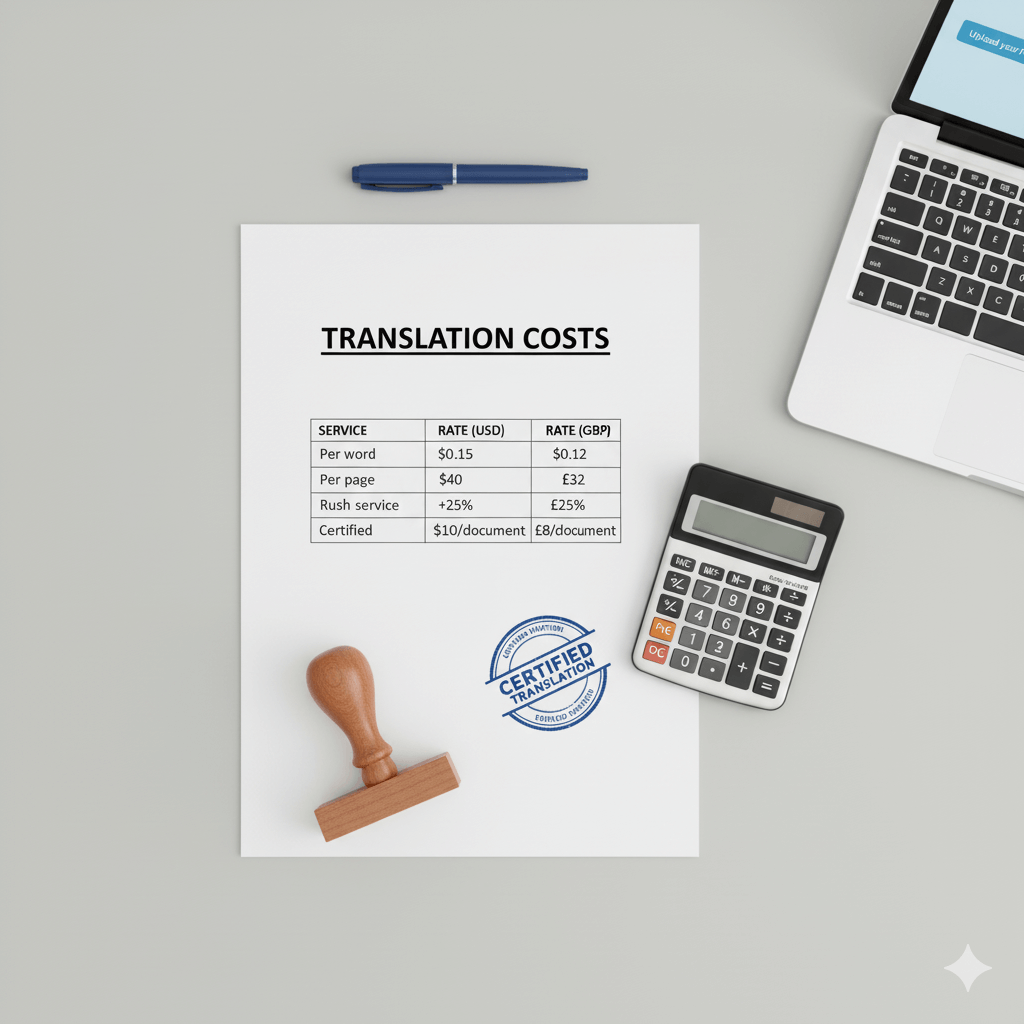 Square flat-lay showing a translation costs worksheet with calculator, stamp, pen, and laptop, highlighting per-word, per-page, rush, and certified options.