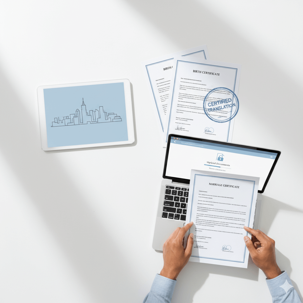 Square flat-lay showing certified translation workflow for New York documents with NYC skyline and secure upload portal.