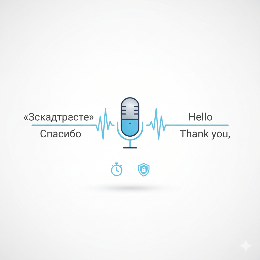 Square hero graphic showing a microphone waveform converting spoken Russian (Cyrillic) into English text — fast translation services.