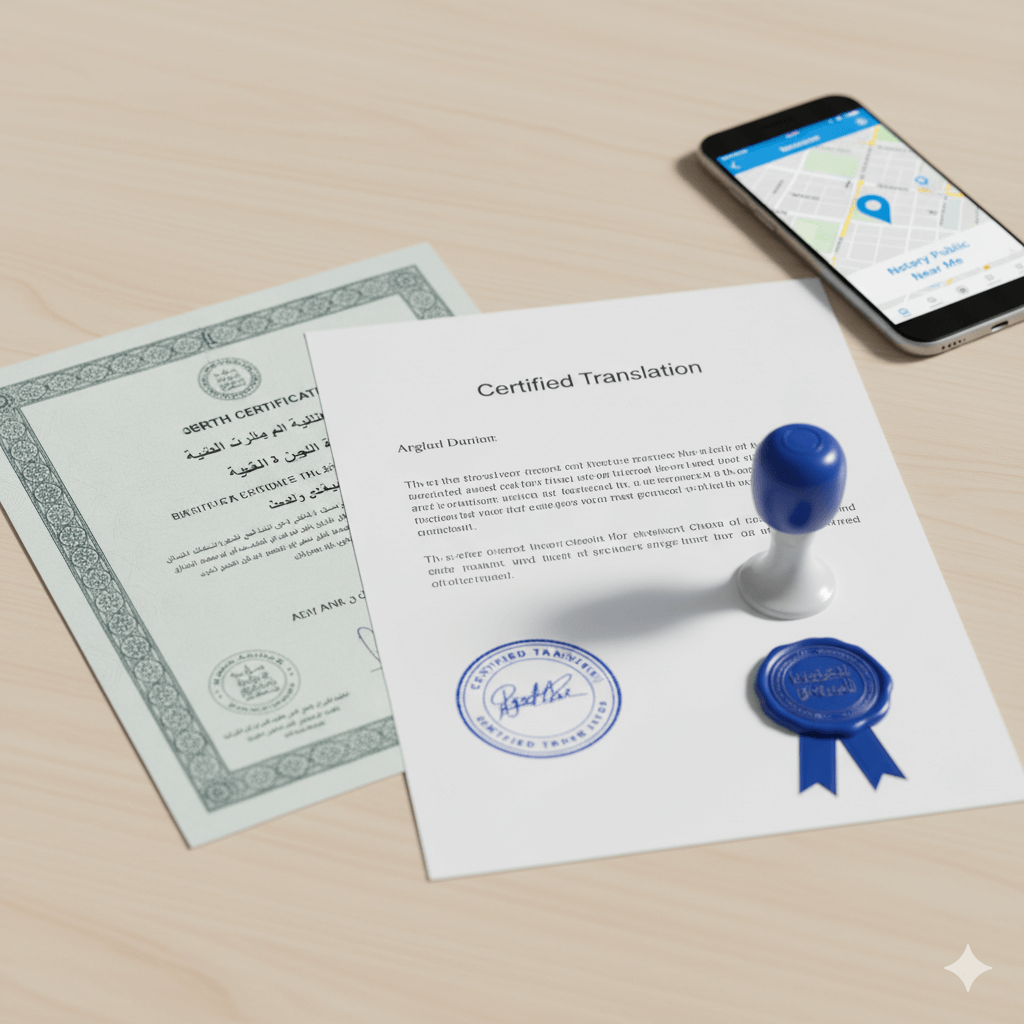 Square photo of notarised translated document with notary stamp and phone showing nearby service.