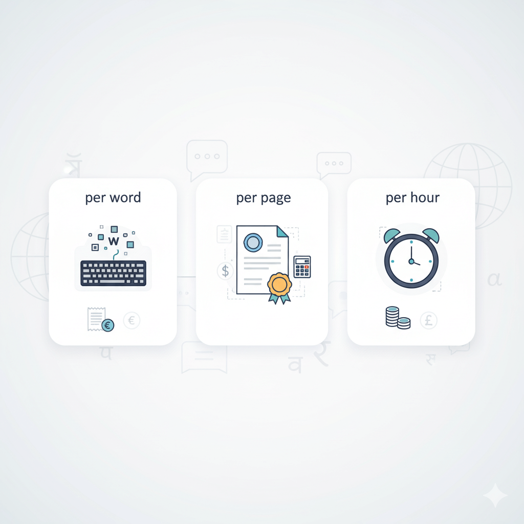 Square vector graphic comparing translation price per word, per page, and per hour with icons of a keyboard, certificate page and clock, set in a clean corporate style.