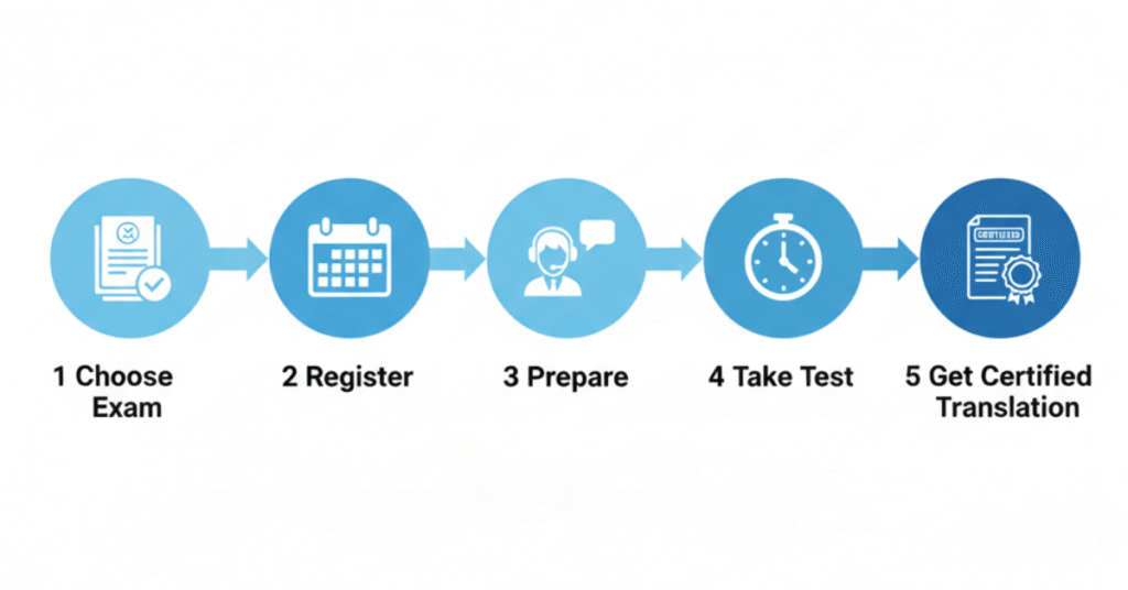 Step-by-step infographic showing how to get a language certificate and certified translation for immigration or education