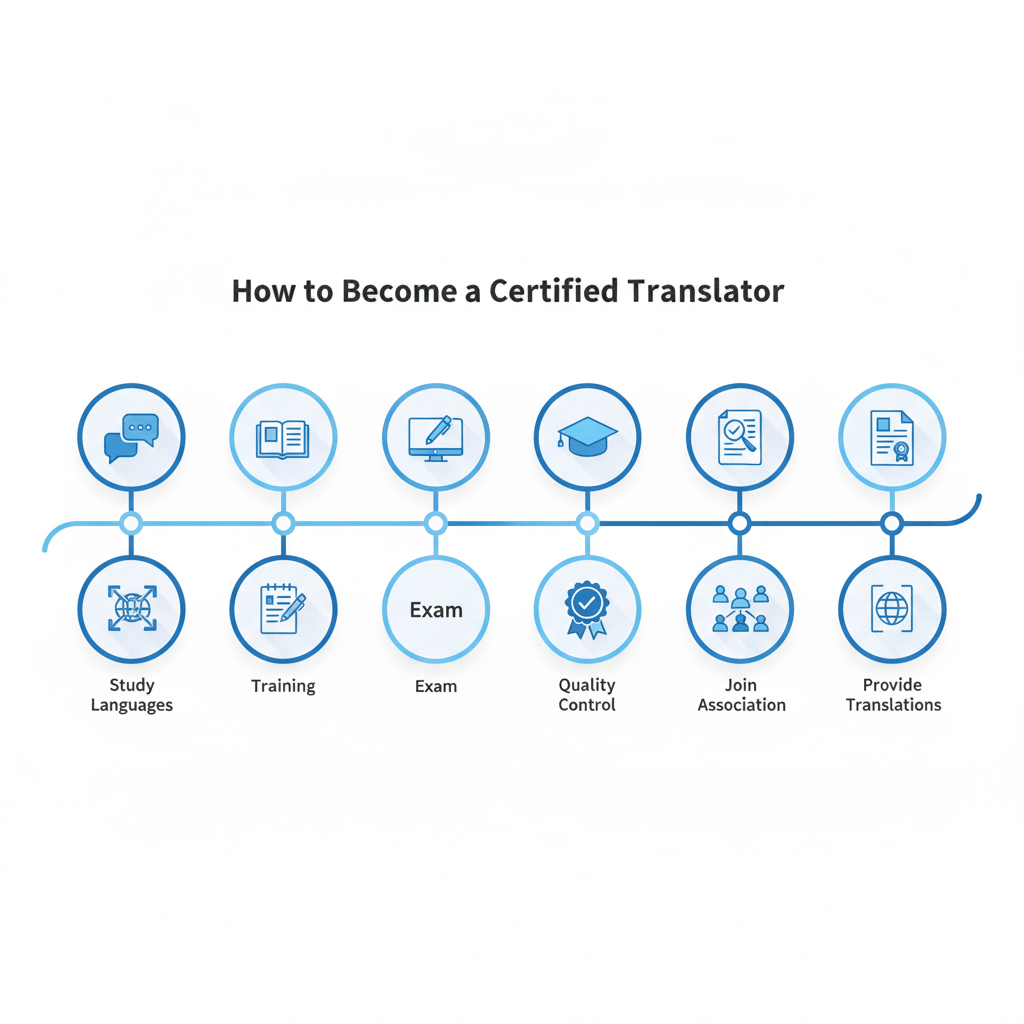 Step-by-step process showing how to become a certified translator with icons and timeline layout