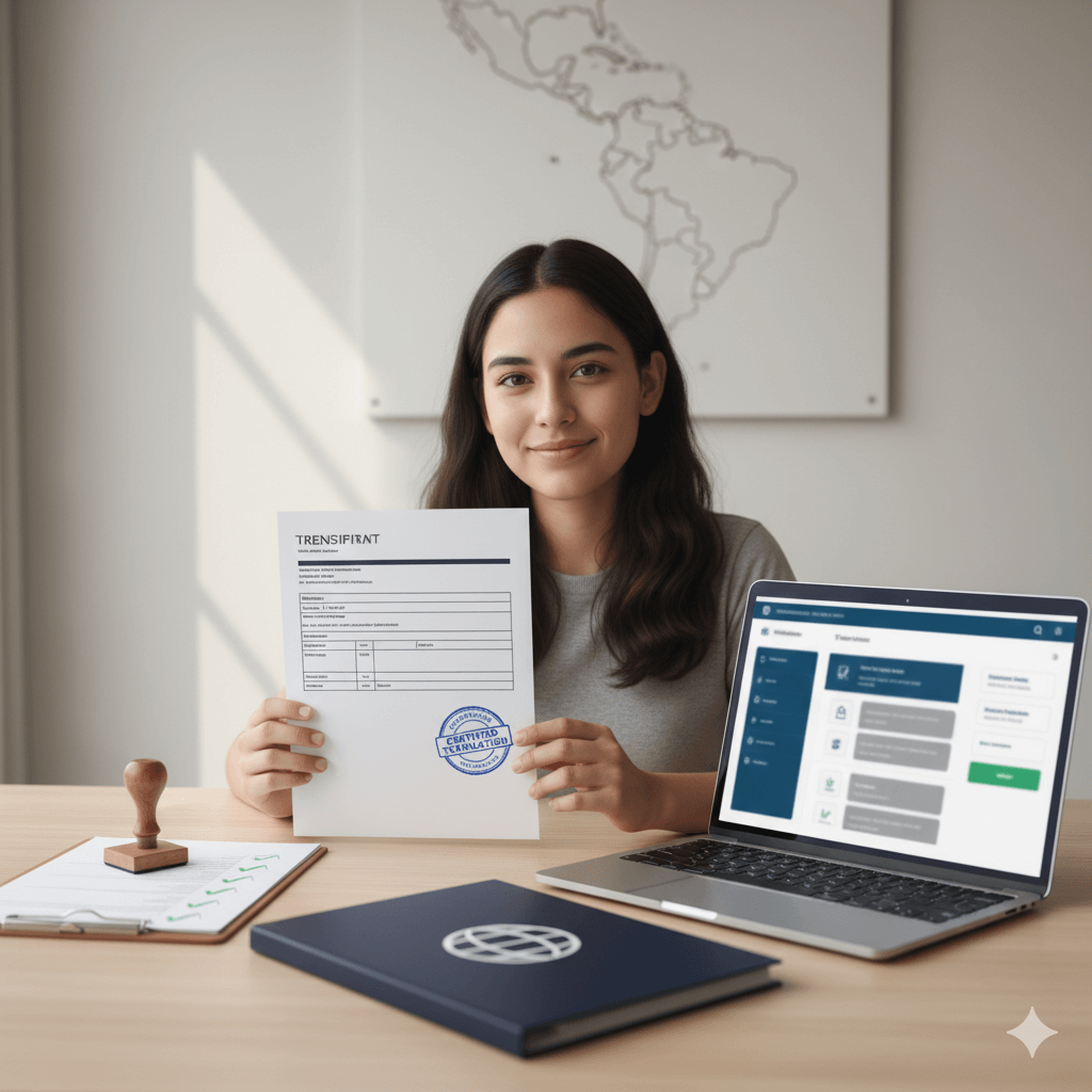 Student checking certified transcript for university admissions — English to Latin American Spanish translation service.