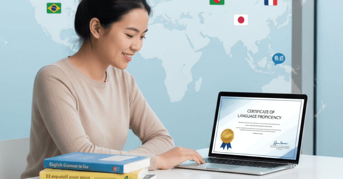 Student preparing for language certification exams such as IELTS, TEF, DELE, and TOEFL for immigration and study abroad.
