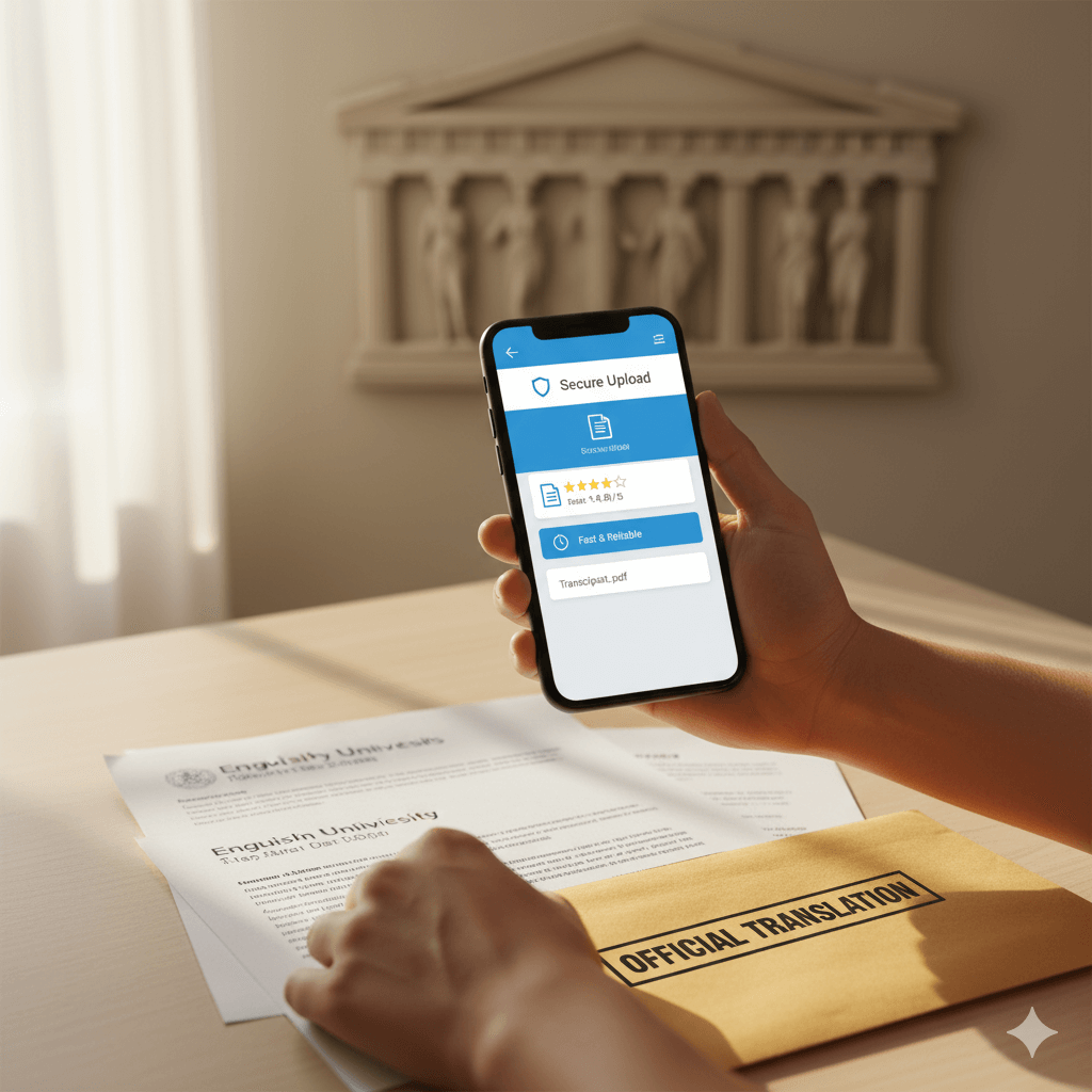 Student uploading Greek documents for English translation on a phone with translated transcripts and trust icons visible.