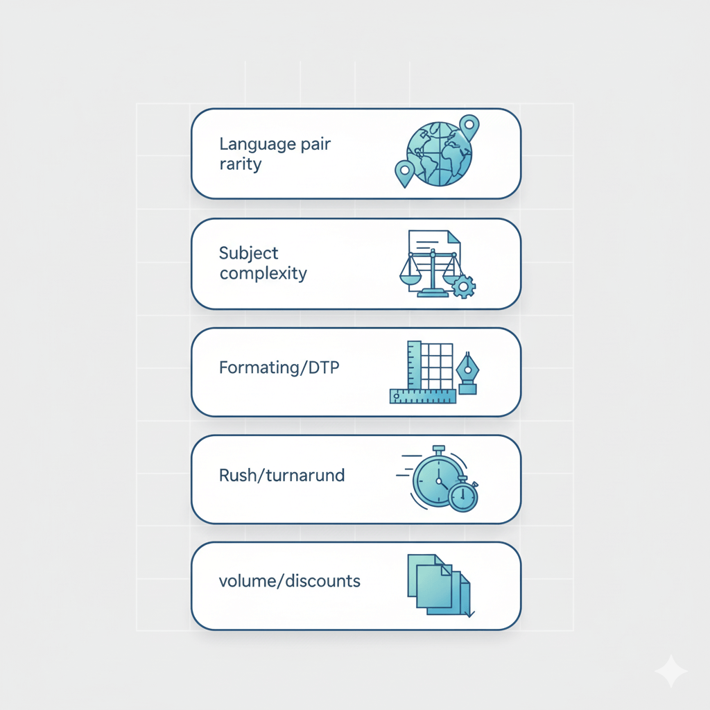 Tall mobile infographic showing icons for translation cost drivers—language pair, complexity, formatting, rush deadlines and volume—arranged as clean stacked cards.