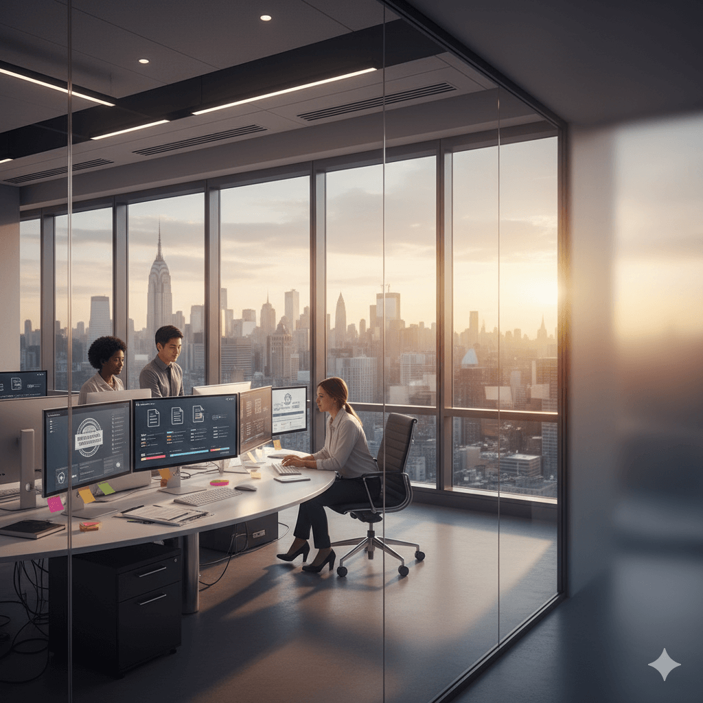 Team at a New York translation company collaborating in a modern office with Midtown skyline and certified translation services on screen.
