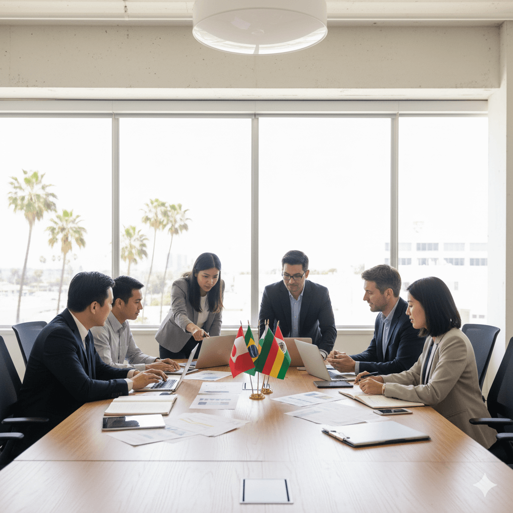 Team of professional translators collaborating in a modern California office — translation agencies in California.