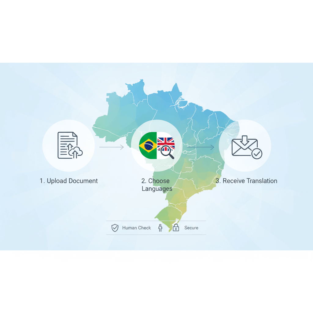 Three-step Brazil language converter process—upload, select Brazilian Portuguese or English, receive human-checked translation—illustrated in a clean banner.