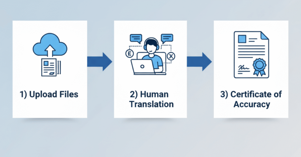 Three-step process illustration showing upload, translation, and certification for USCIS-approved document translation