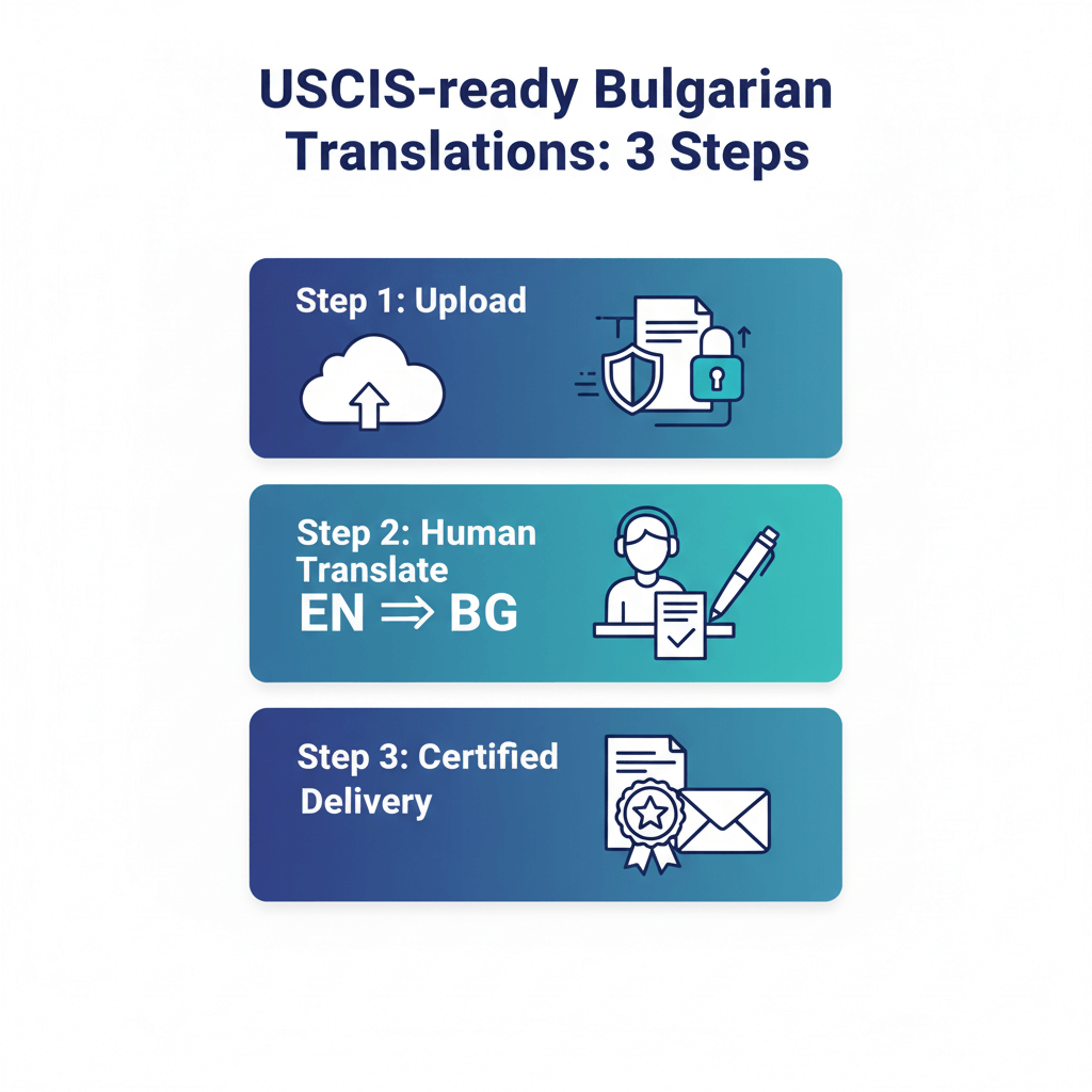 Three-step process infographic for USCIS-compliant Bulgarian translation: upload, human translate, certified delivery