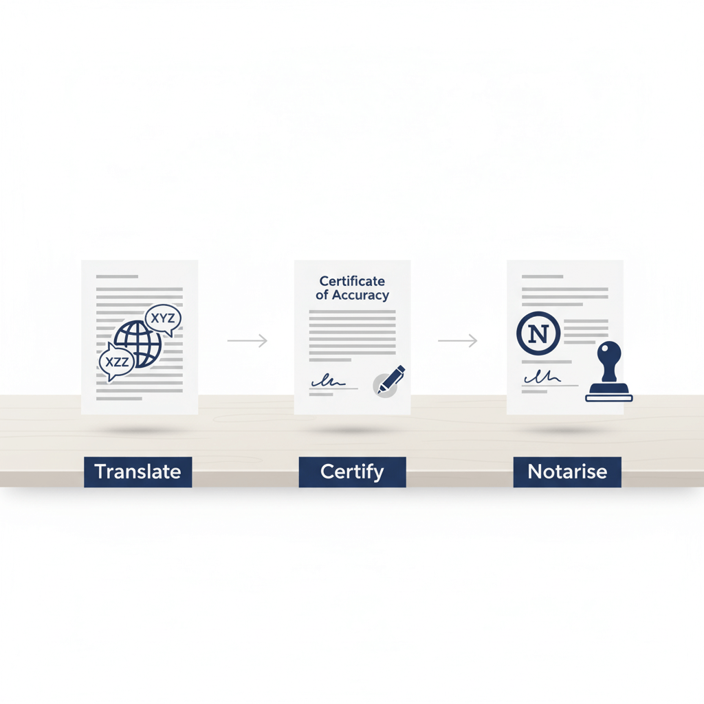 Three-step process to translate a document and have it notarised — translate, certified certificate, then notary stamp