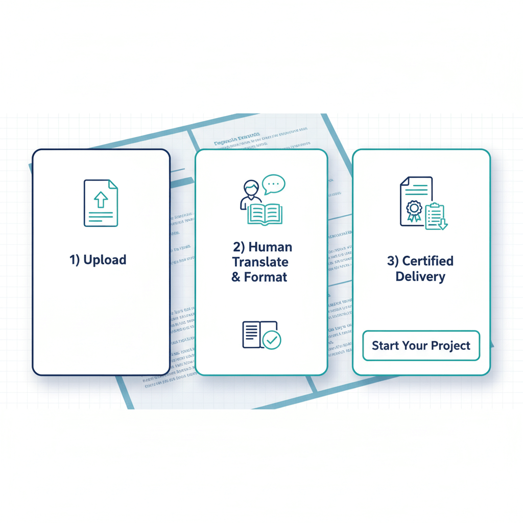 Three-step resume translate process banner—upload, human translation and formatting, certified delivery—with bilingual CV motif.