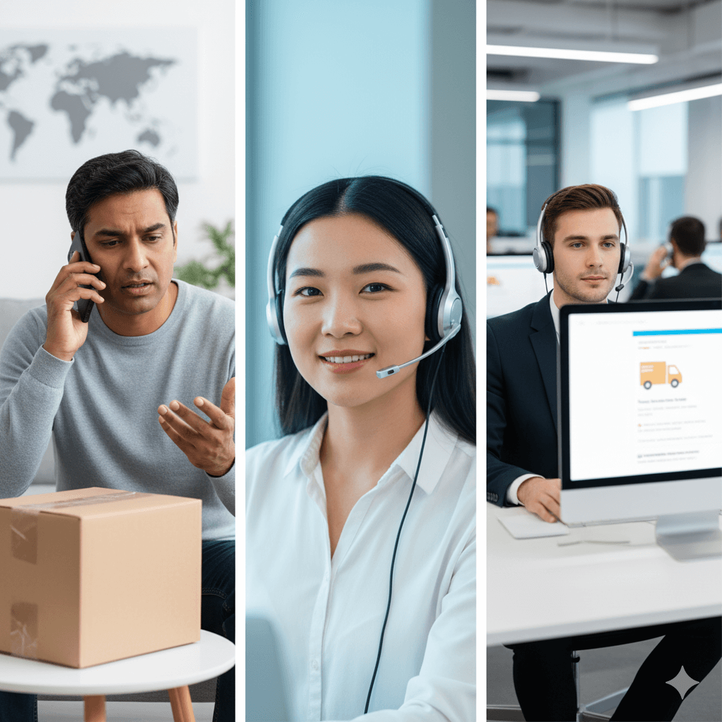 Three-way telephone interpreter for UPS call connecting customer, interpreter, and courier support — fast, on-demand language assistance