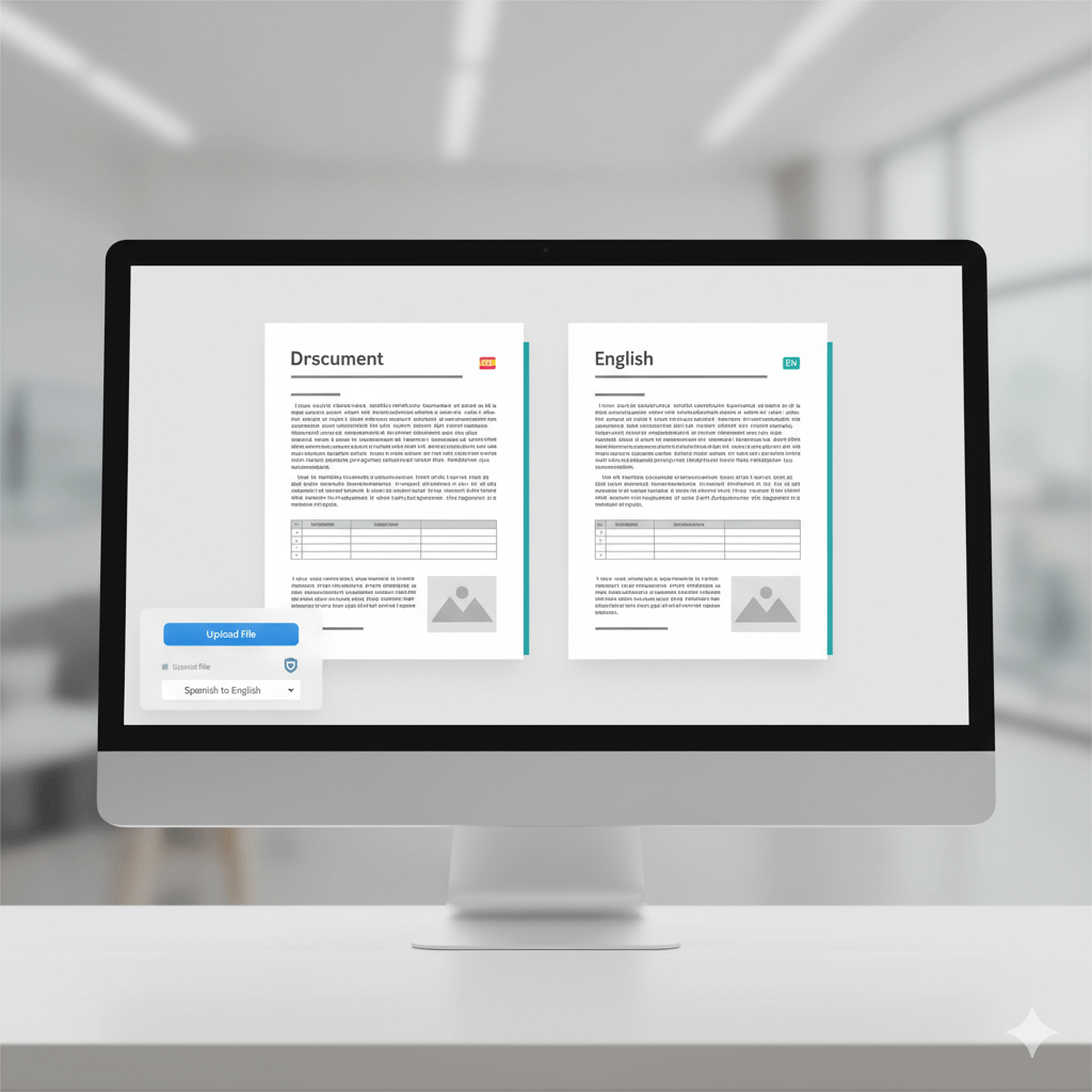 Traducir PDF comparación español a inglés con seguridad y botón de subir archivo