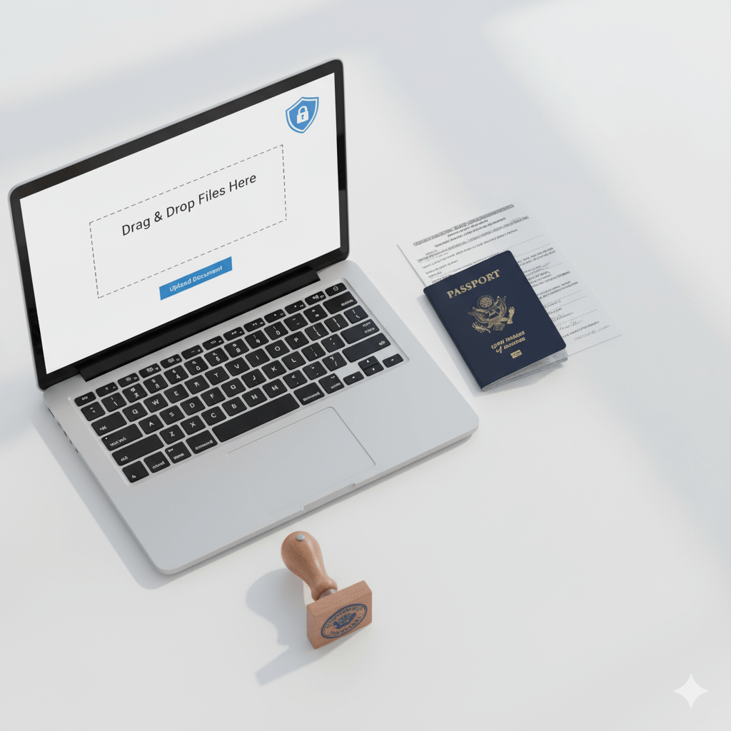 Translate documents near me — secure file upload with passport and certificate on a clean desk