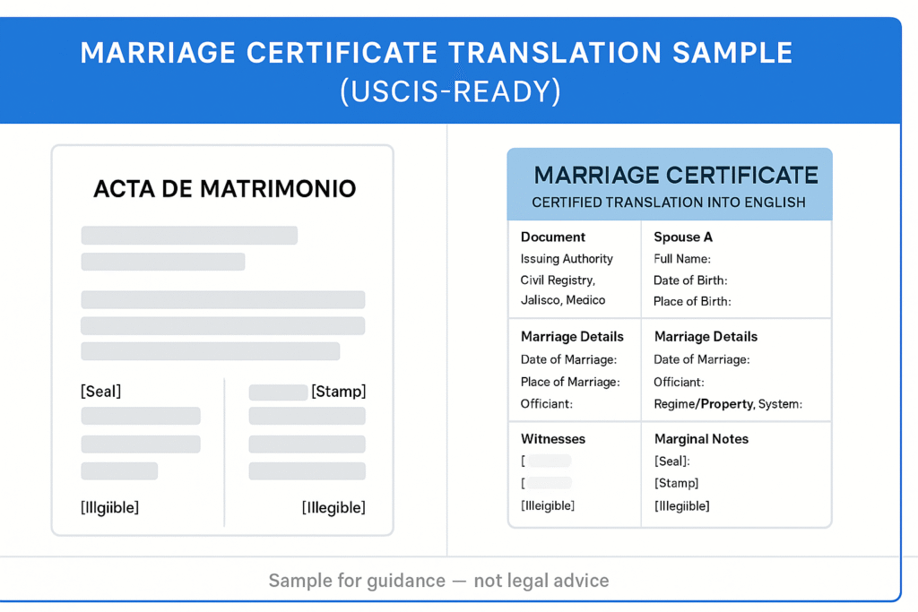USCIS marriage certificate translation sample — side-by-side comparison of original Spanish Acta de Matrimonio and English translation format