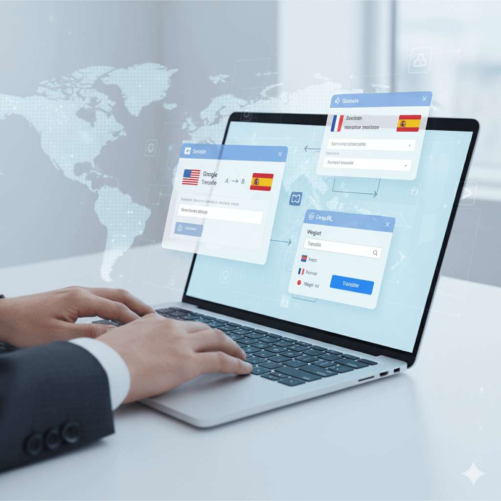 User using online translation tools like Google Translate, DeepL, and Weglot on laptop – banner illustrating fast translation websites.