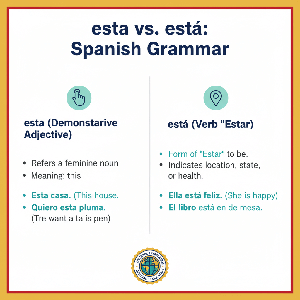 Vertical educational poster showing difference between Spanish words 'esta' and 'está' with visual icons and examples