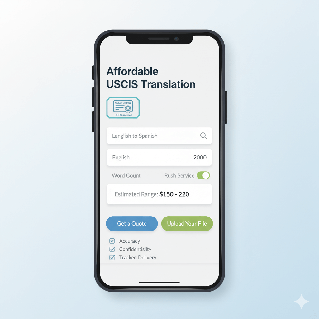 Vertical graphic of a mobile price estimator for affordable USCIS-certified translation with quote and upload buttons.