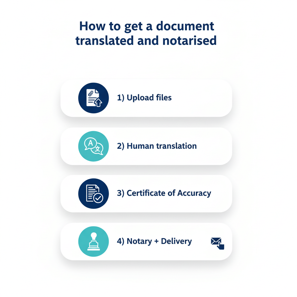 Vertical infographic explaining how to get a document translated and notarised in four steps, including notary acknowledgement.