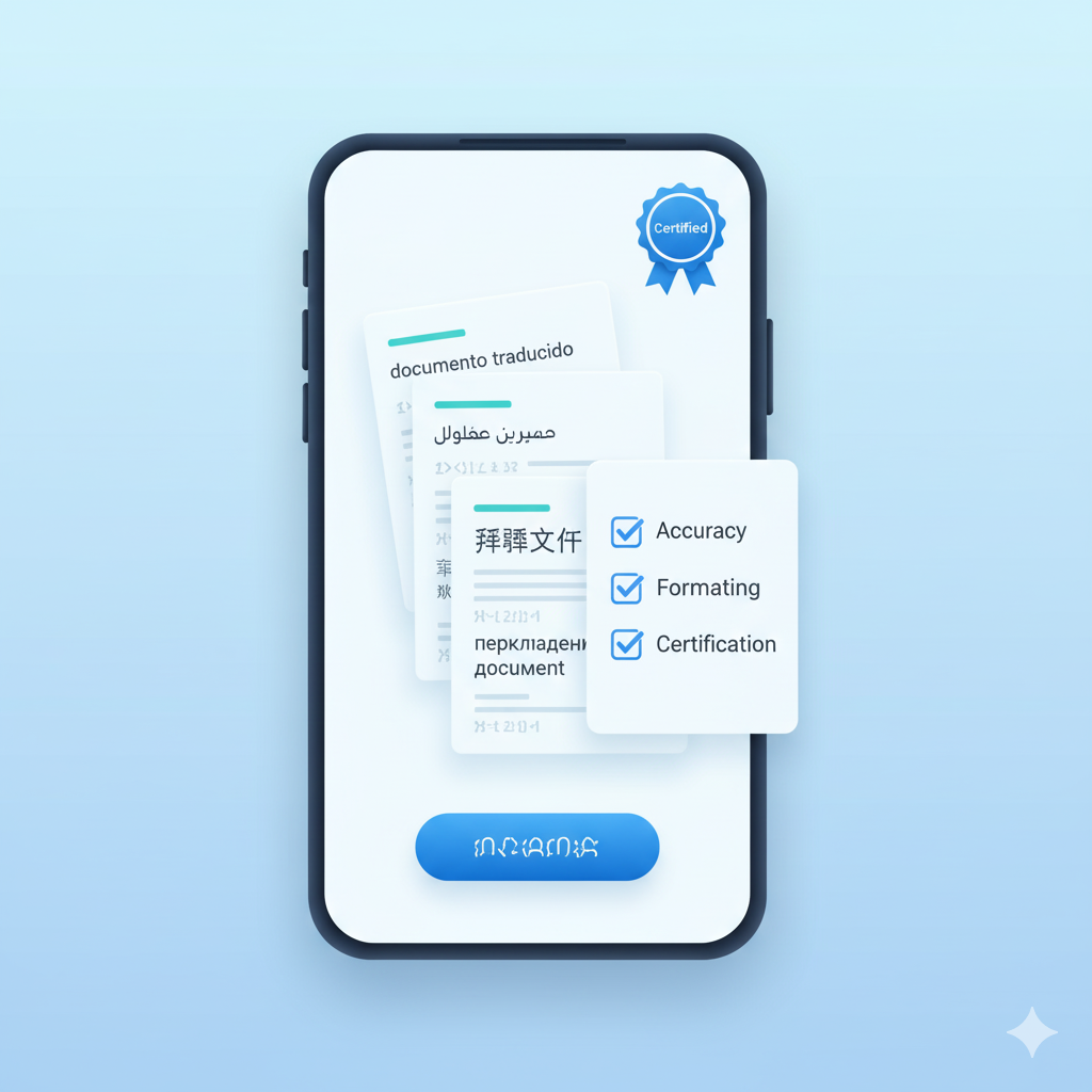 Vertical mobile hero showing certified multi-language document translations with a checklist for accuracy, formatting, and approval.