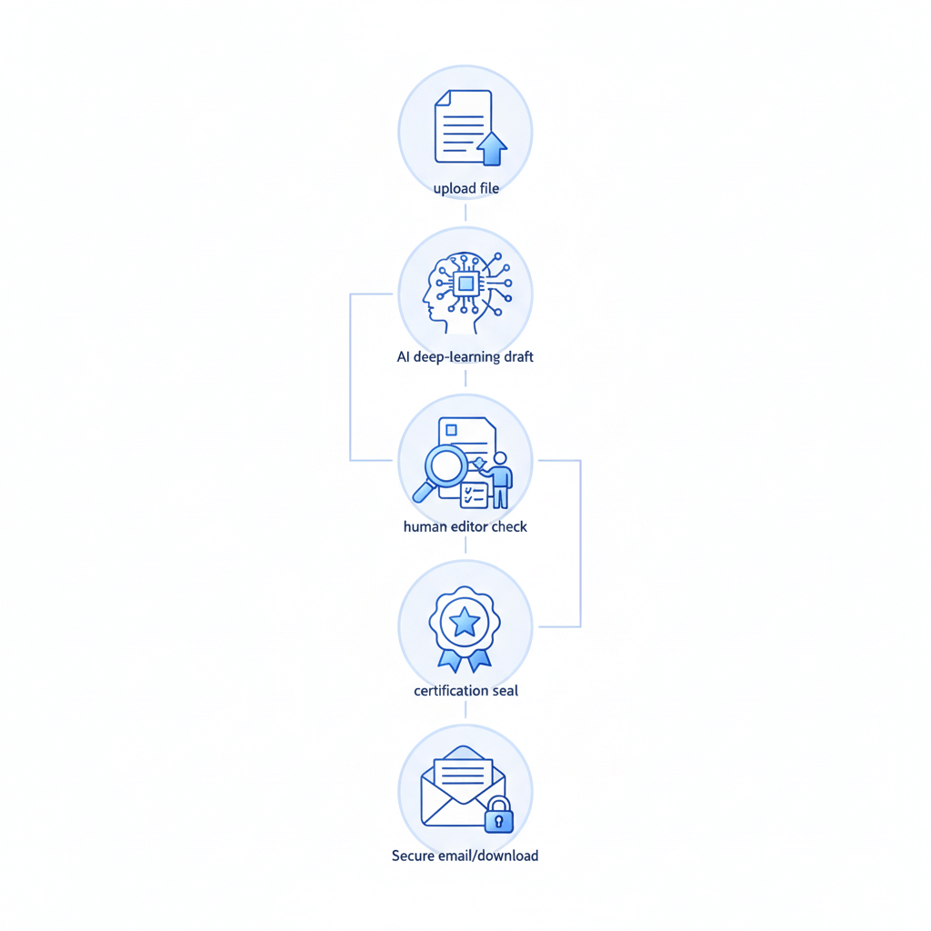 Vertical process graphic for deep learn translate—upload, AI draft, human review, certification, secure delivery.