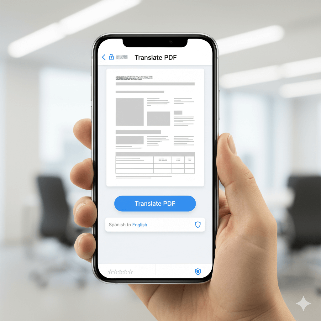 vista previa de documento, selector español a inglés y señales de seguridad.