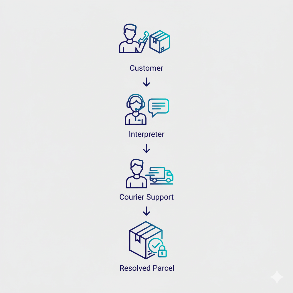 Visual workflow of a telephone interpreter for UPS resolving delivery issues quickly — customer, interpreter, and support linked in a clear path.