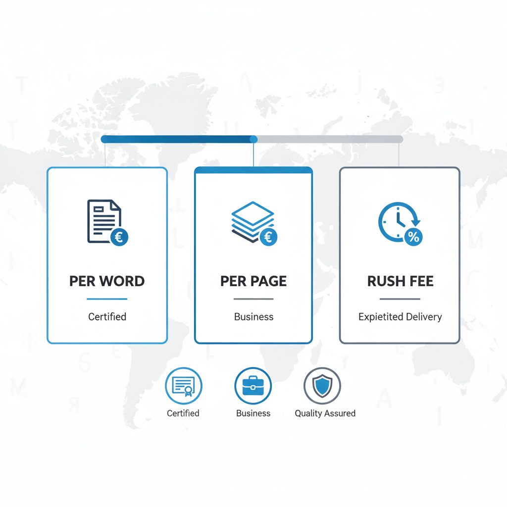 Wide infographic comparing translation pricing models—per word, per page, and rush fees—with clear icons on a clean banner.