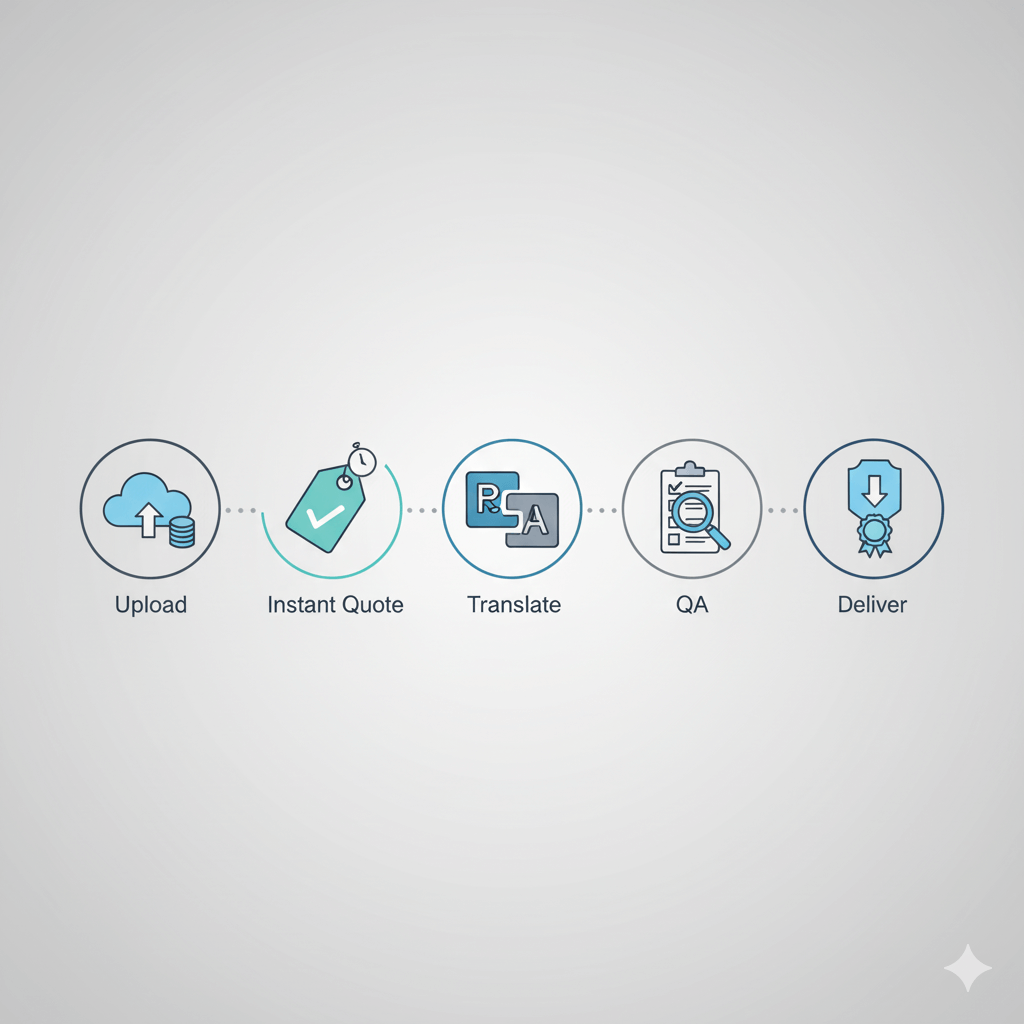affordable translation services 5-step workflow banner for same day and certified delivery
