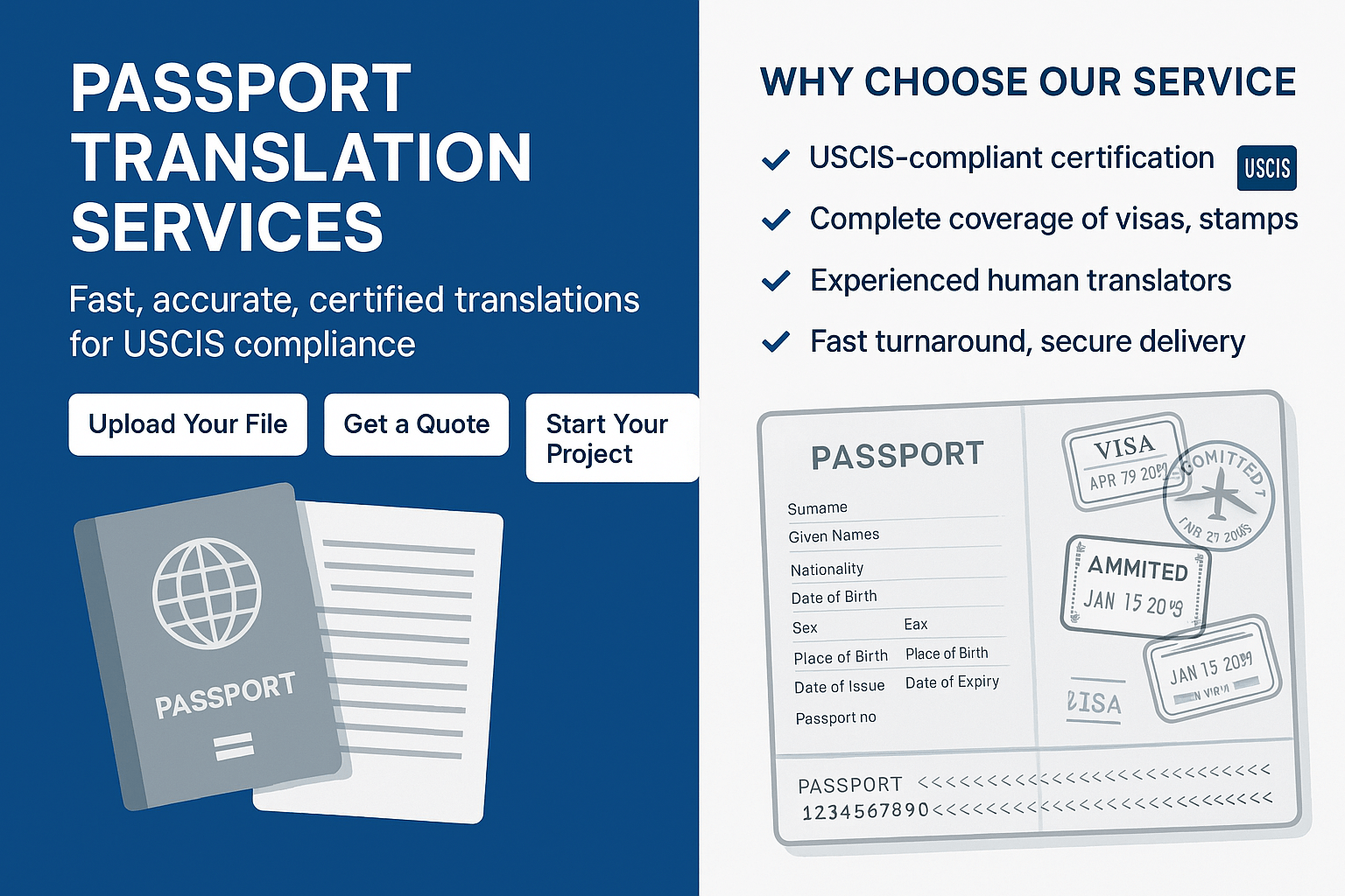 certified passport translation services — USCIS-compliant, human translators, visas and stamps included