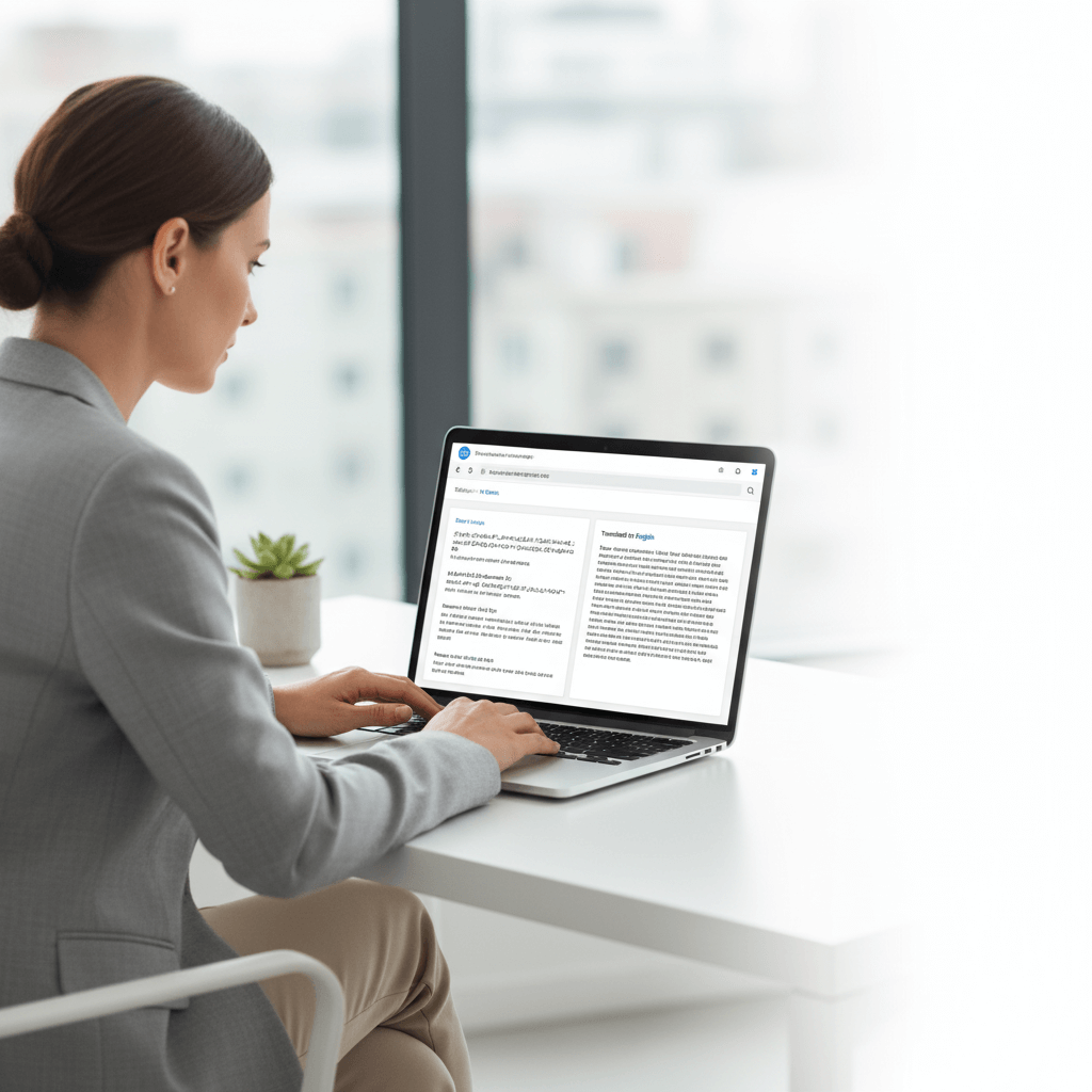 email translation services — professional reviewing a bilingual email on a laptop in a clean office