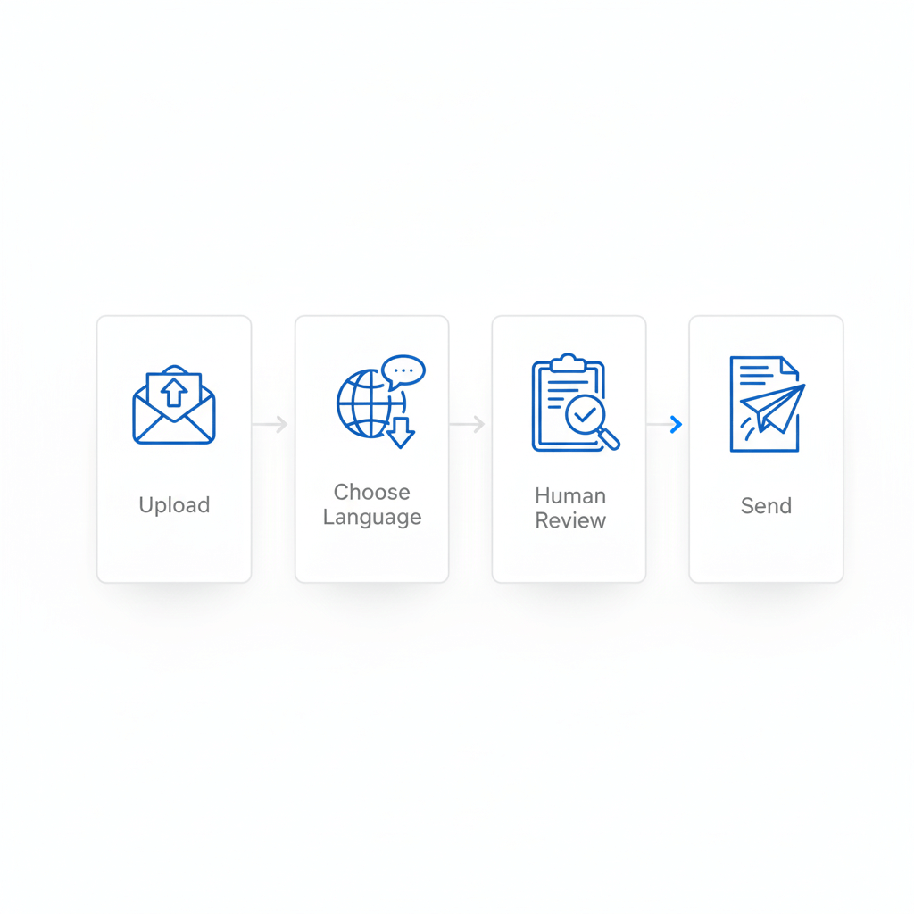 email translation workflow — upload, choose language, human review, send shown as clean vector icons