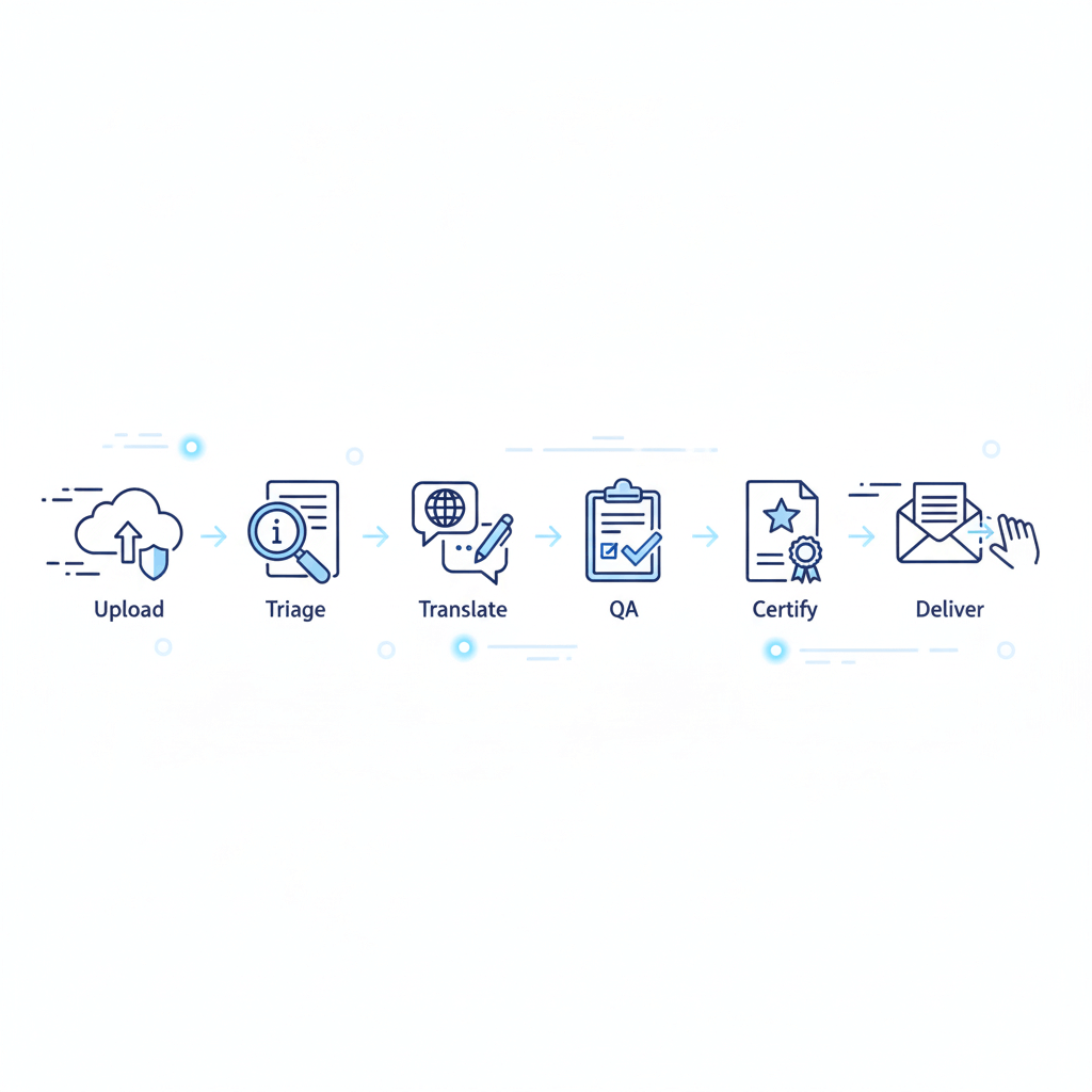 how fast translation works from secure upload to certified delivery — workflow banner (horizontal)