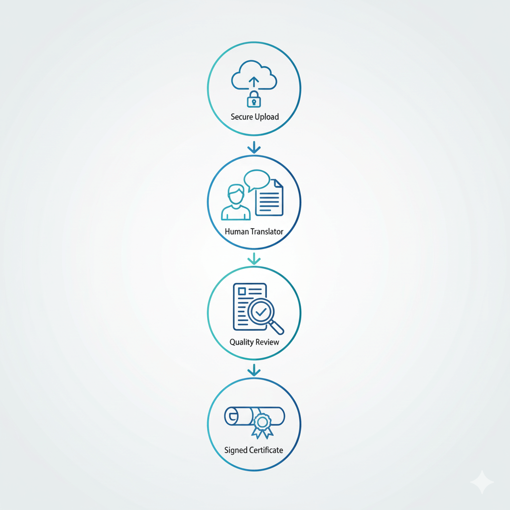 infographic showing trusted translation process from secure upload to human translation, QA, and a signed certificate for reliable results.