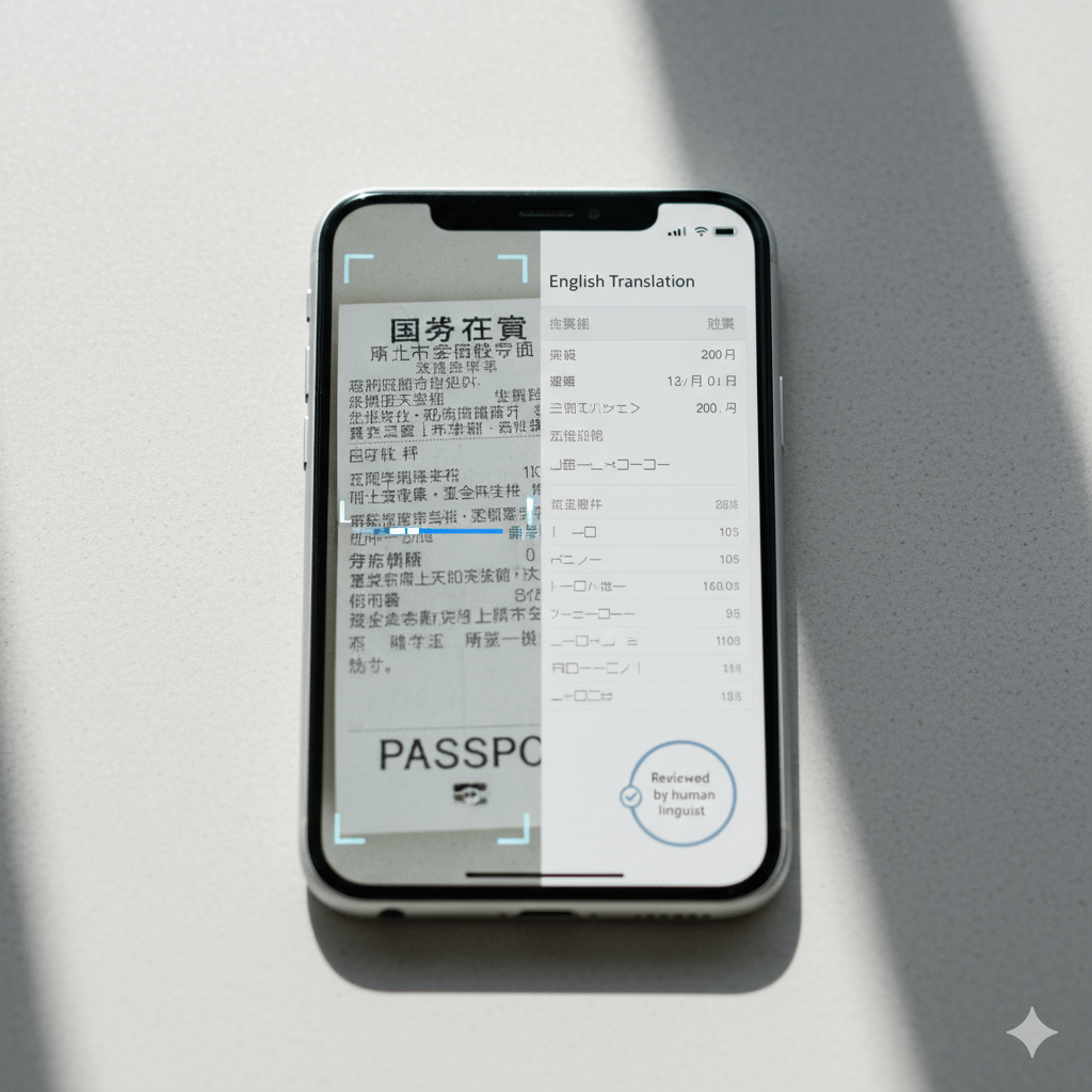 japanese image translator scanning a picture to translate Japanese to English with human review on a smartphone (square hero)