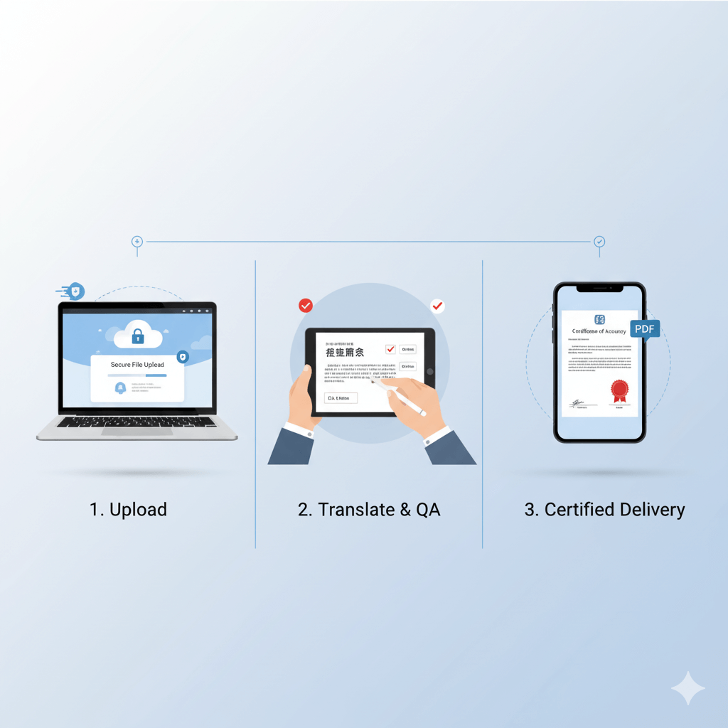japanese language translation services workflow – secure upload, translation and QA, certified delivery