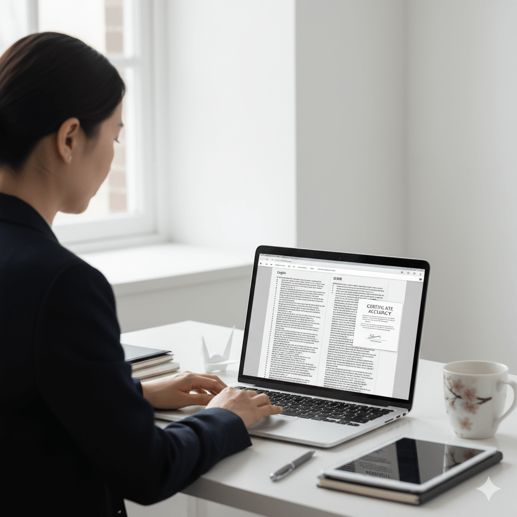 japanese translation services – certified japanese to english translation for USCIS with certificate of accuracy on a laptop