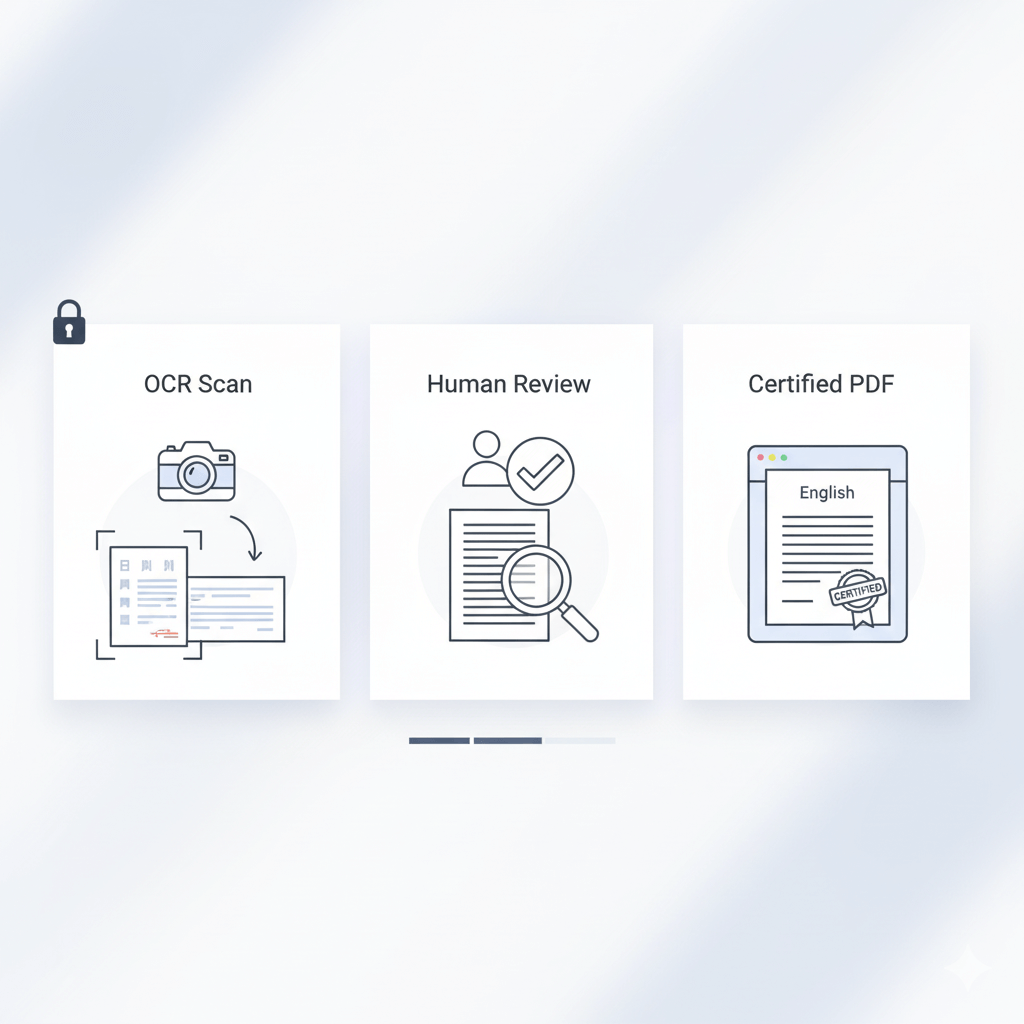 photo translate workflow showing OCR, human review, and certified PDF for japanese image to english (horizontal banner)