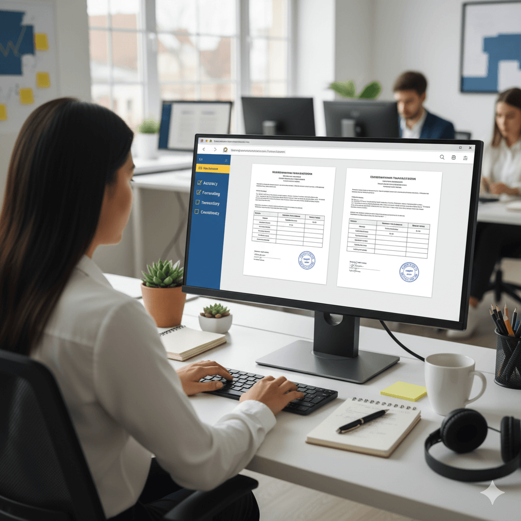 professional ukr to english translation reviewed on screen with side-by-side pages and a quality checklist