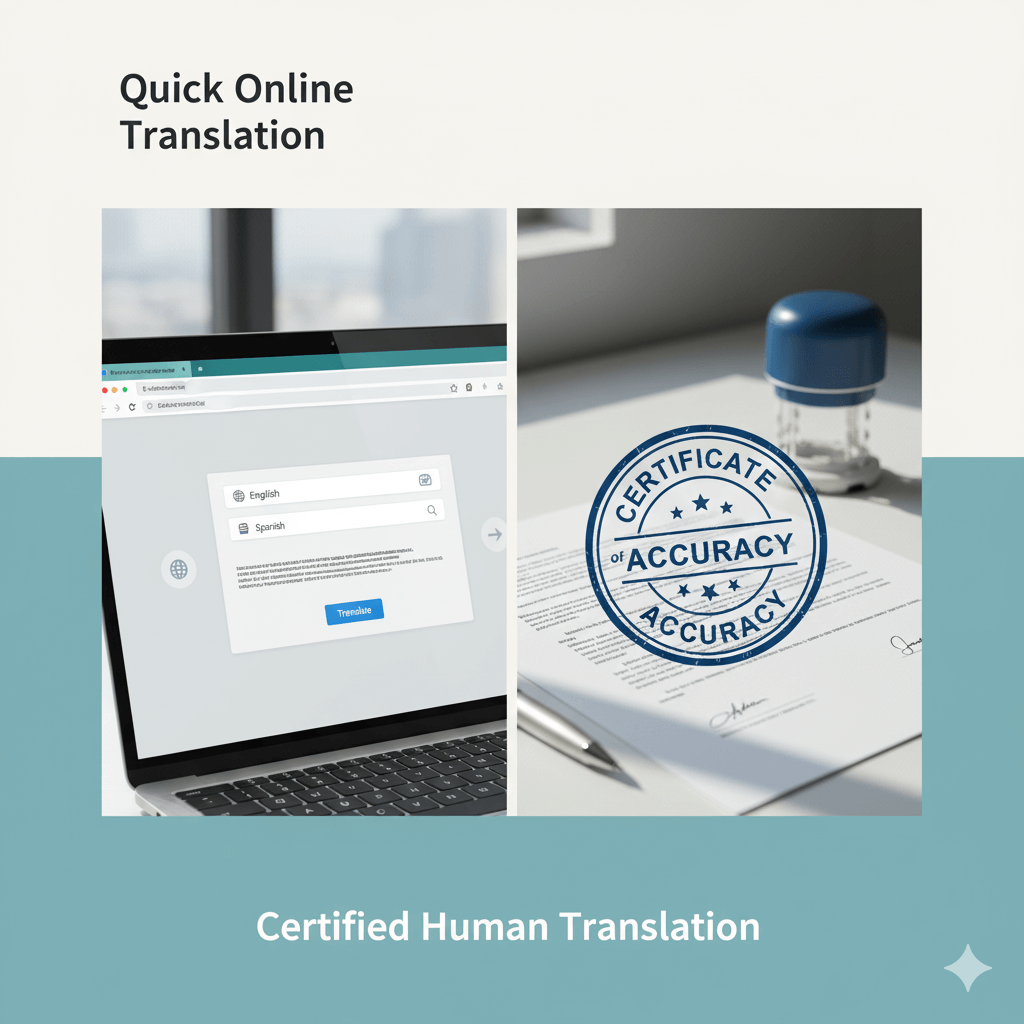 reliable translation sites compared with certified human translation featuring a generic online translator UI and a signed certificate.