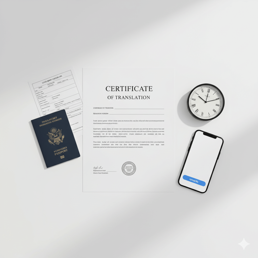same day translation services with signed certificate, passport and upload button