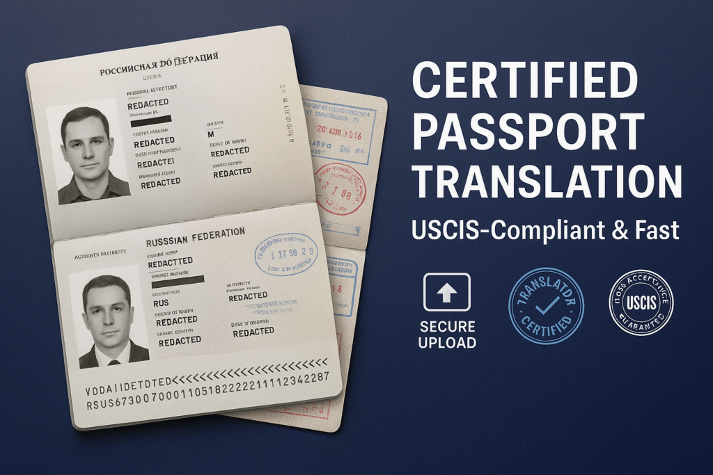 sample certified passport translation — bio page, visas and visas & entry and exit stamps (USCIS-ready)
