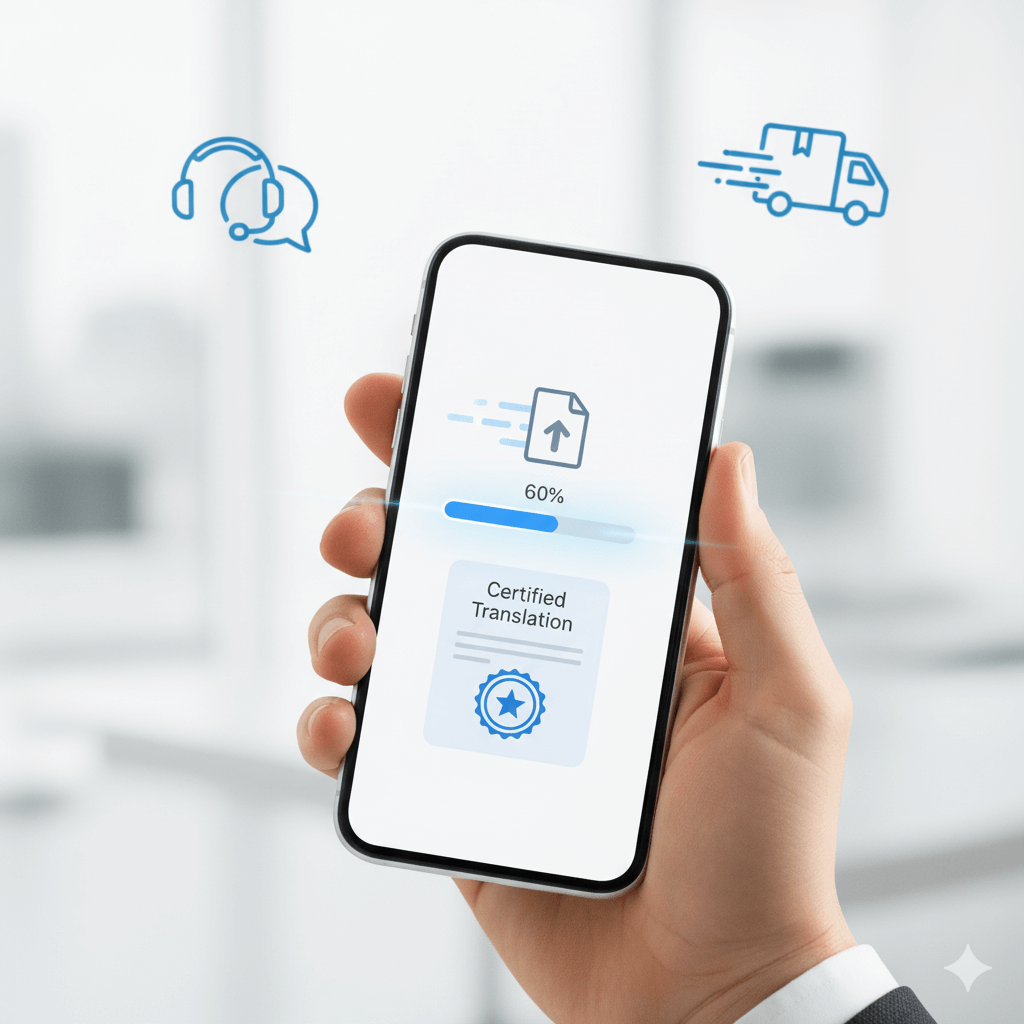 start fast translation on mobile — upload file, request telephone interpreter for UPS, same-day certified translation (vertical)