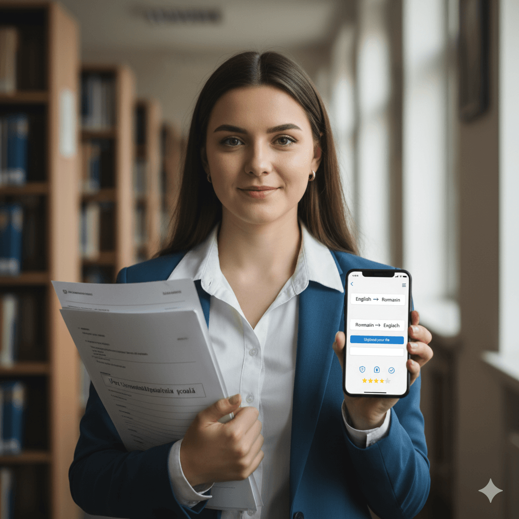 translate english to romanian text on mobile with trust badges for certified academic document translation