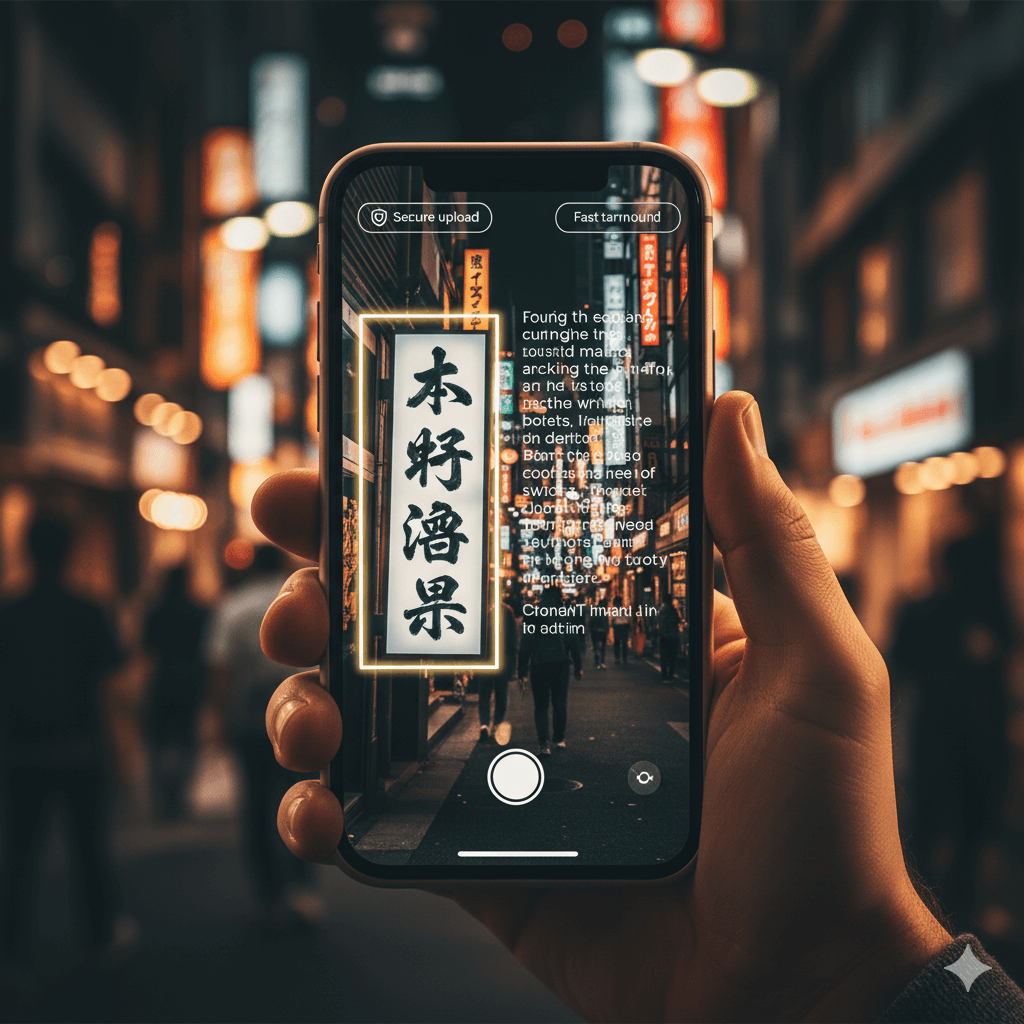 translate picture to english on a phone—japanese sign to english with secure upload and fast turnaround
