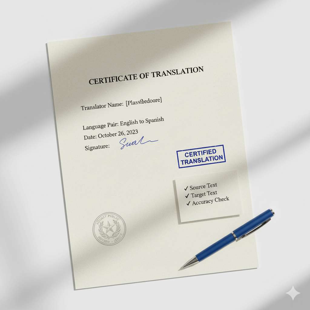translation notary sample showing a certificate of translation template with notary seal, stamp, and checklist on a clean desk