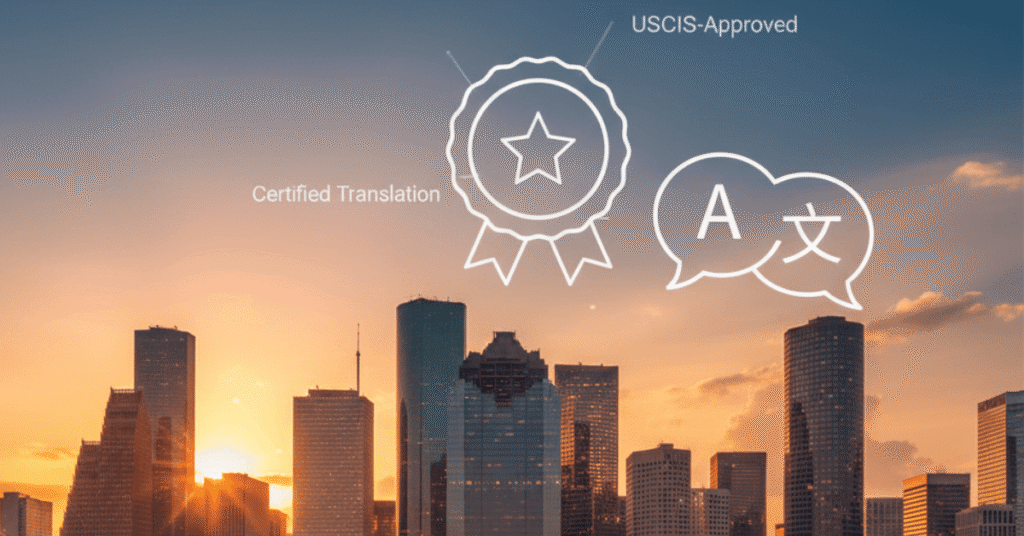 translator certification houston — Houston skyline with translation and certification symbols